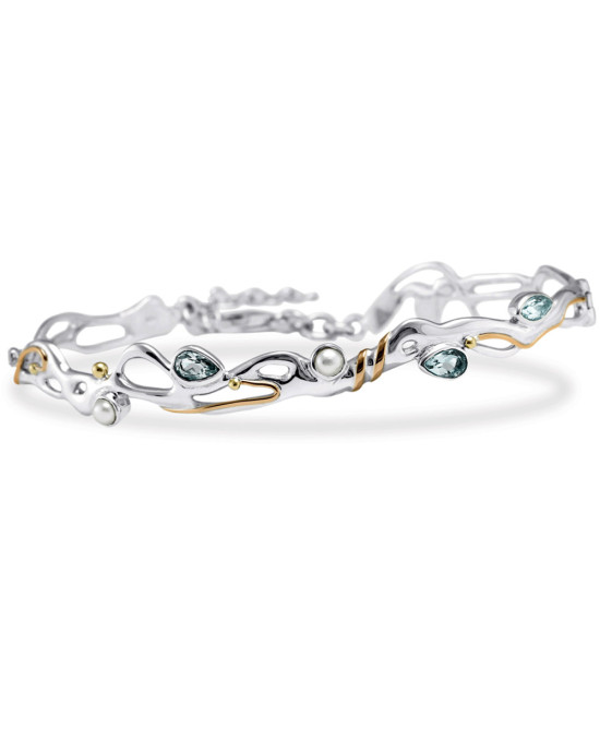 Blue Topaz and Pearl Hinged Silver Bracelet with Gold Wire Blue Topaz and Pearl Hinged Silver Bracelet with Gold Wire