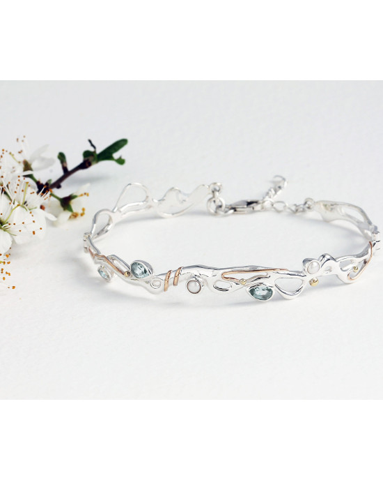 Blue Topaz and Pearl Hinged Silver Bracelet with Gold Wire Blue Topaz and Pearl Hinged Silver Bracelet with Gold Wire