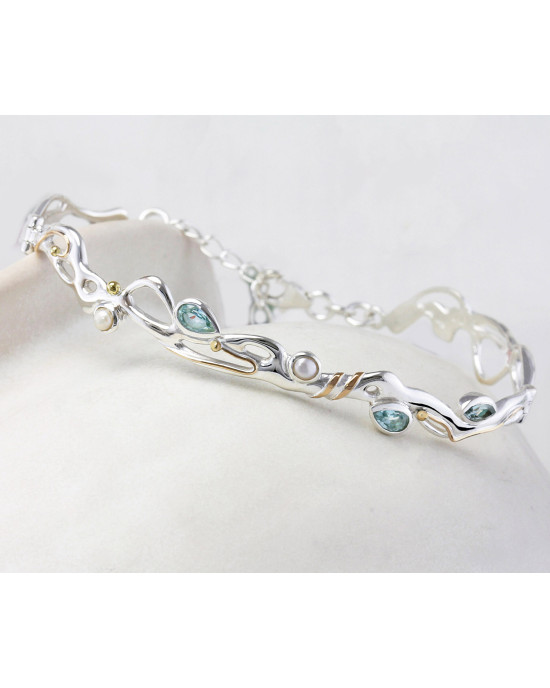 Blue Topaz and Pearl Hinged Silver Bracelet with Gold Wire Blue Topaz and Pearl Hinged Silver Bracelet with Gold Wire