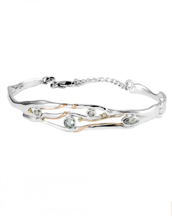 Hinged Silver Bangle with Blue Topaz & White CZ-BRACELETS & BANGLES Hinged Silver Bangle with Blue Topaz & White CZ