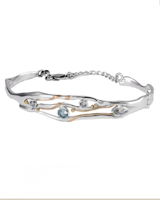 Hinged Silver Bangle with Blue Topaz & White CZ-BRACELETS & BANGLES Hinged Silver Bangle with Blue Topaz & White CZ