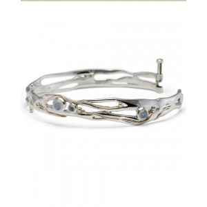 Silver Bangle with Round Moonstones & Gold Detail Silver Bangle with Round Moonstones & Gold Detail