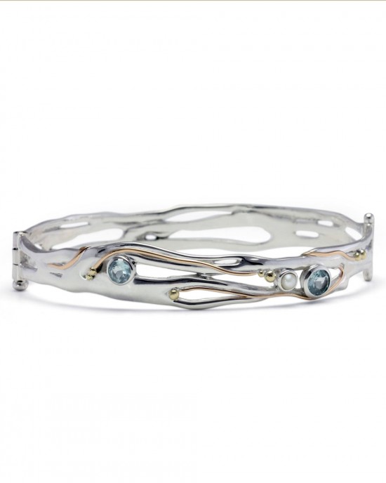 Silver Bangle with Blue Topaz & Pearl