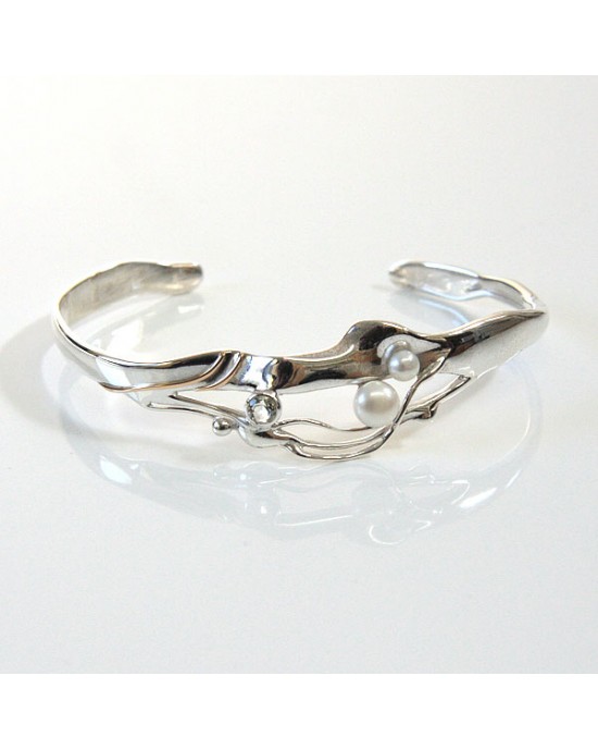Silver Cuff Bracelet, Pearl Green Amethyst Goldfill