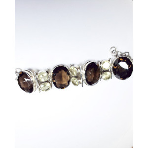 Large Smoky Quartz and Lemon Topaz Silver Bracelet