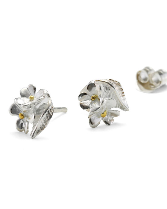 Sterling Silver Stud Earrings with Two Flowers & Gold Pips Sterling Silver Stud Earrings with Two Flowers & Gold Pips