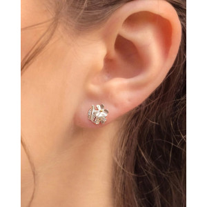 Sterling Silver Stud Earrings with Two Flowers & Gold Pips
