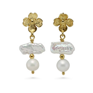 Pearl and Flower Gold Dangle Stud Earrings