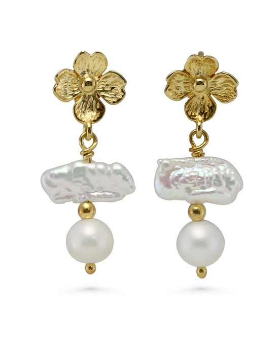 Pearl and Flower Gold Dangle Stud Earrings Pearl and Flower Gold Dangle Stud Earrings