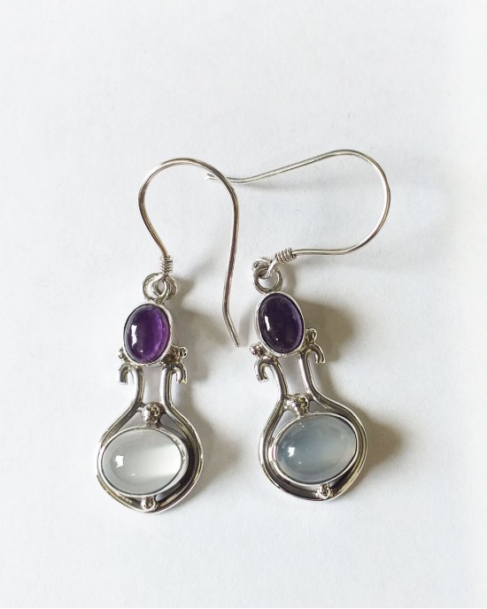 Moonstone & Amethyst Silver Hook Earrings-HOOK EARRINGS Moonstone & Amethyst Silver Hook Earrings