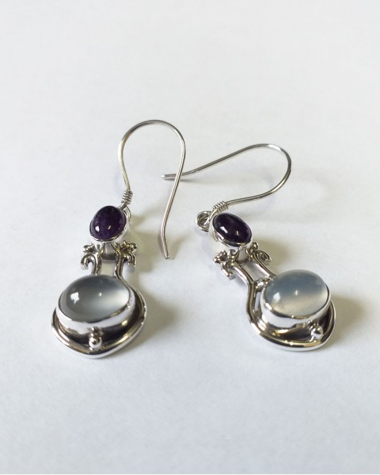 Moonstone & Amethyst Silver Hook Earrings-HOOK EARRINGS Moonstone & Amethyst Silver Hook Earrings