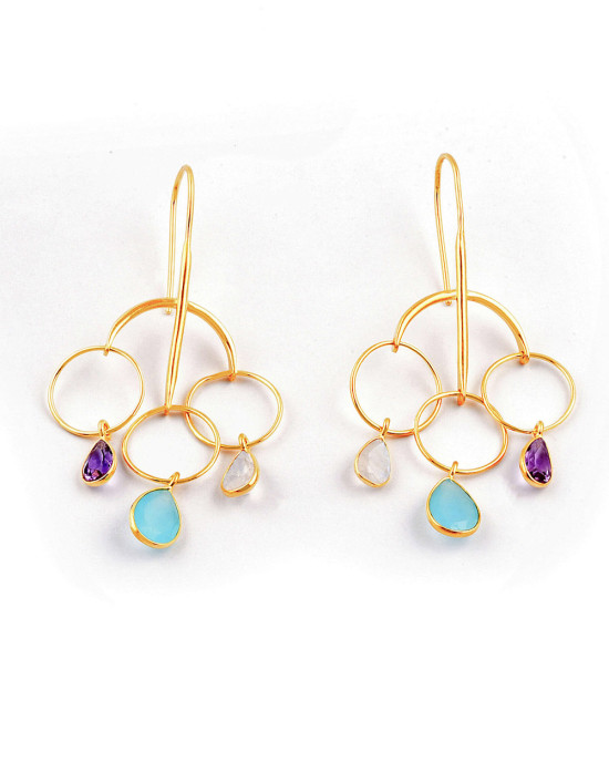 Aqua Chalcedony, Amethyst & Rainbow Moonstone Silver, Gold, Hook Earrings