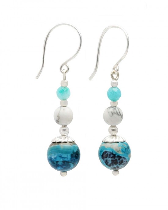 Blue Chalcedony & White Howlite Silver Earrings-HOOK EARRINGS Blue Chalcedony & White Howlite Silver Earrings