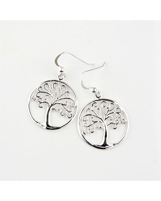 Circular Silver Earrings with Tree Design-HOOK EARRINGS Circular Silver Earrings with Tree Design
