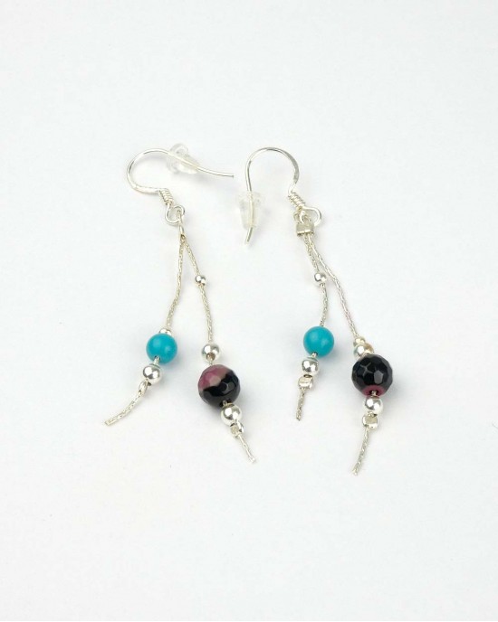 Long Silver Hook Earrings, Turquoise, Jasper Beads-HOOK EARRINGS Long Silver Hook Earrings, Turquoise, Jasper Beads