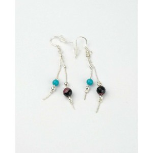 Long Silver Hook Earrings, Turquoise, Jasper Beads Long Silver Hook Earrings, Turquoise, Jasper Beads