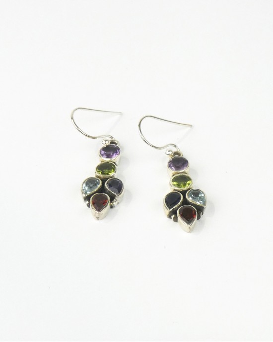 Mixed Stone Silver Earrings-HOOK EARRINGS Mixed Stone Silver Earrings