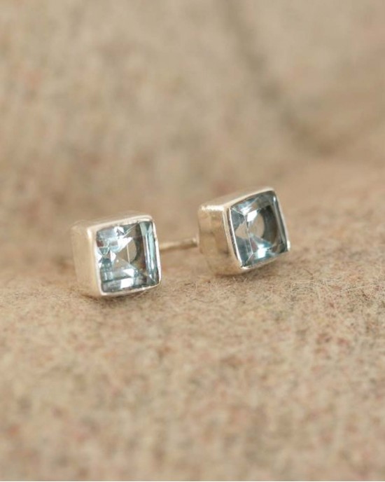 Blue Topaz Silver Square Studs-STUD EARRINGS Blue Topaz Silver Square Studs