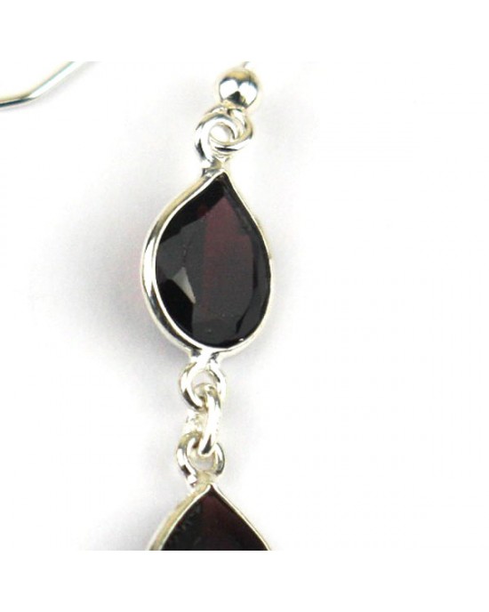Silver Double Garnet Hook Earrings-HOOK EARRINGS Silver Double Garnet Hook Earrings