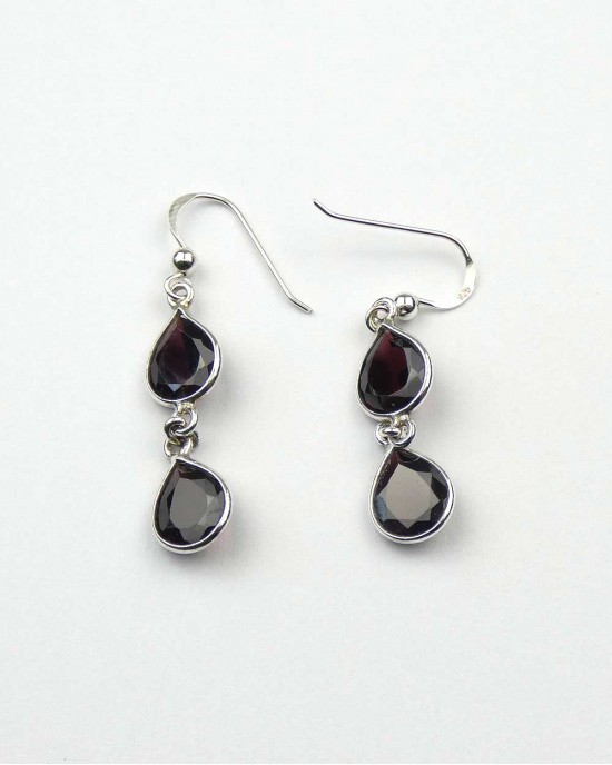 Silver Double Garnet Hook Earrings-HOOK EARRINGS Silver Double Garnet Hook Earrings