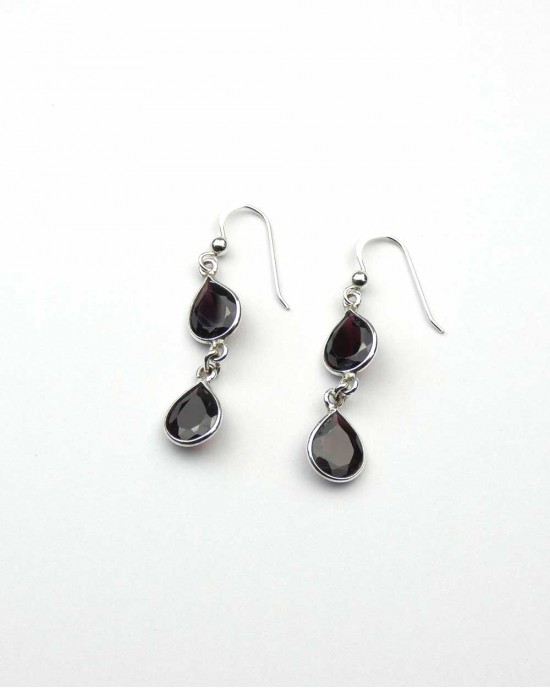 Silver Double Garnet Hook Earrings-HOOK EARRINGS Silver Double Garnet Hook Earrings