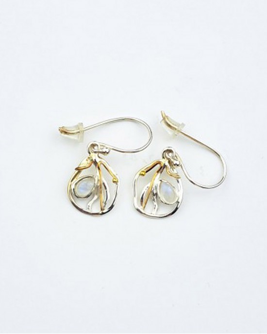 Organic Silver Hook Earrings with Cabochon Rainbow Moonstone