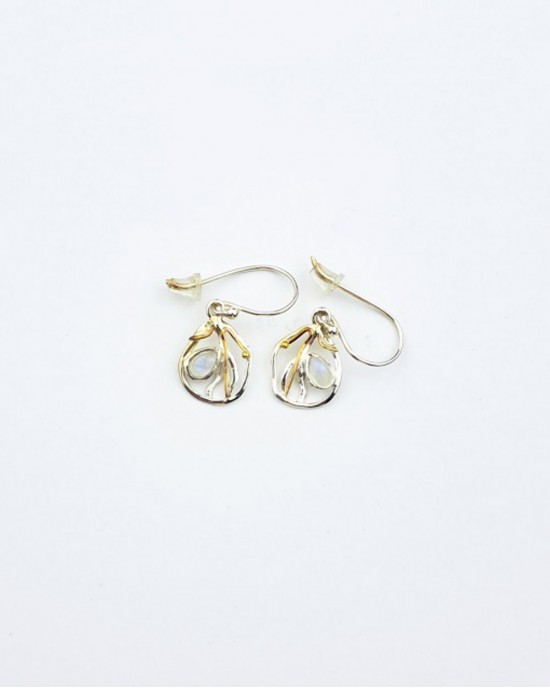 Organic Silver Hook Earrings with Cabochon Rainbow Moonstone