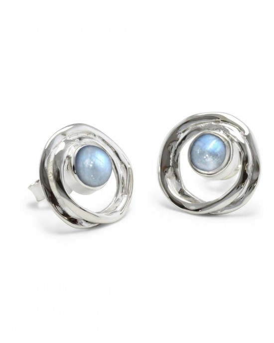 Silver Stud Earrings with Rainbow Moonstones