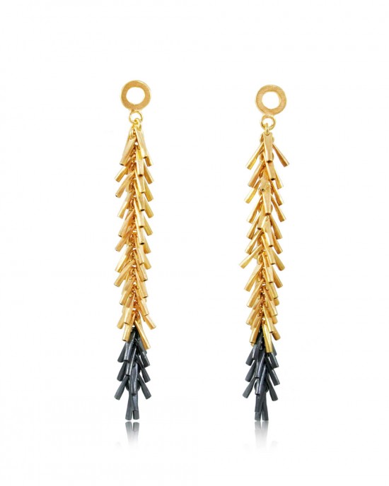 Tickle II Gold, Black Long Earrings-DROP EARRINGS Tickle II Gold, Black Long Earrings