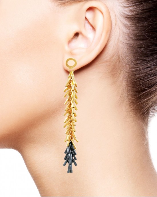 Tickle II Gold, Black Long Earrings-DROP EARRINGS Tickle II Gold, Black Long Earrings