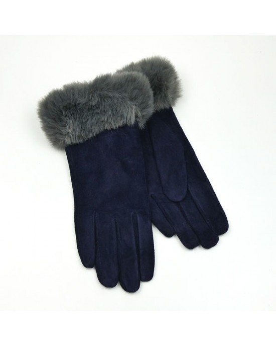 Navy Suede Gloves with Faux Fur Trim - Kiena-Jewellery