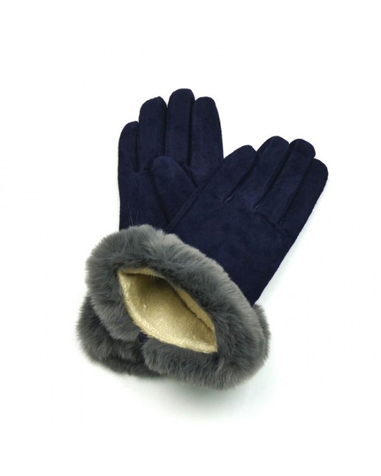 Navy Suede Gloves with Faux Fur Trim - Kiena-Jewellery