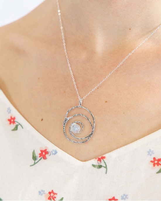 Moonstone Silver Spiral Pendant & Chain-NECKLACES & PENDANTS Moonstone Silver Spiral Pendant & Chain