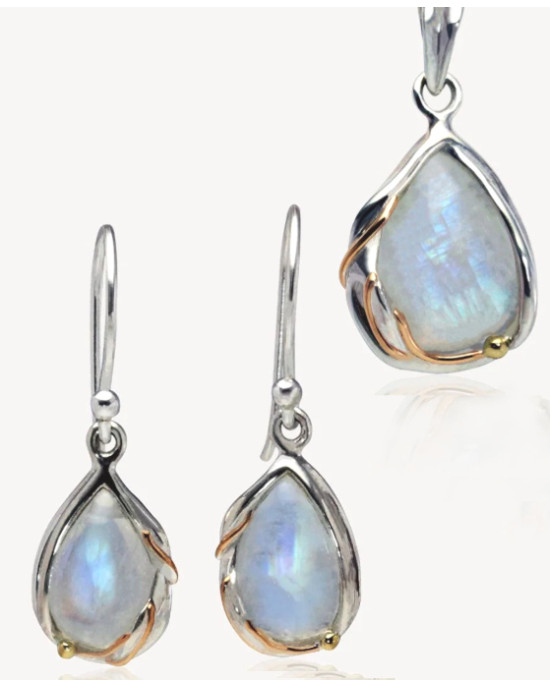 Rainbow Moonstone Droplet Silver Earring & Pendant Set