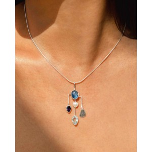 Kyanite, Ioilite, Pearl, Blue Topaz Silver Pendant