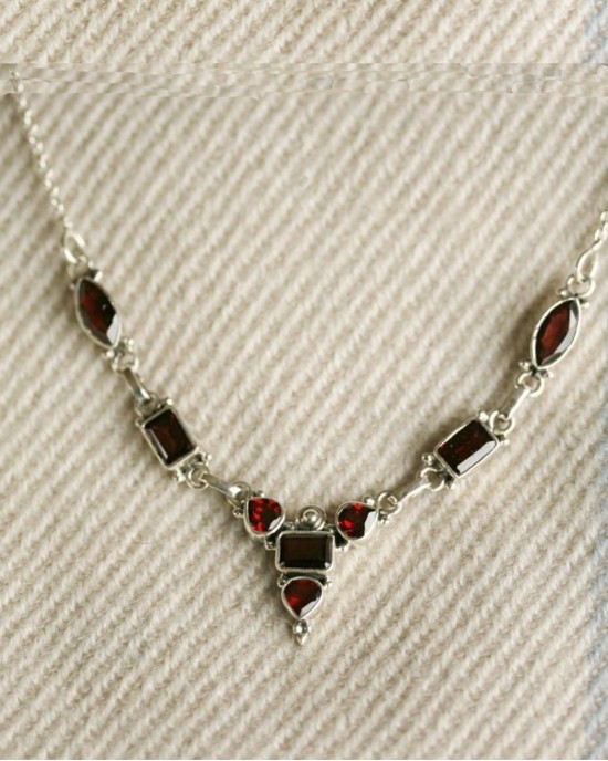 Eight Garnet Silver Necklace-NECKLACES & PENDANTS Eight Garnet Silver Necklace