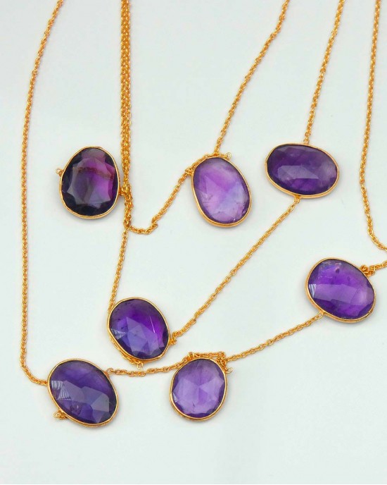 Gold Plated 3 Strand Necklace with Amethysts