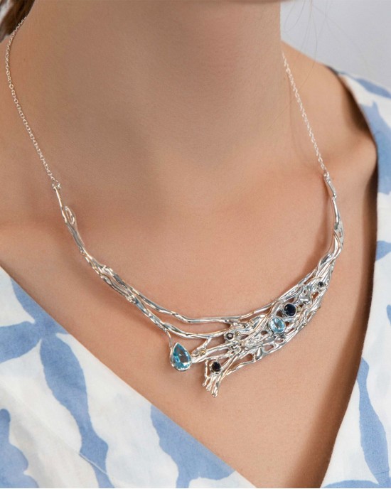 Large Silver Gemmed Necklace-NECKLACES & PENDANTS Large Silver Gemmed Necklace