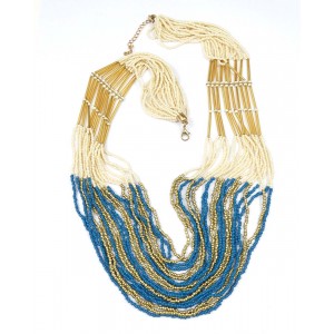 Seed Beads Necklace, Gold & Blue Seed Beads Necklace, Gold & Blue