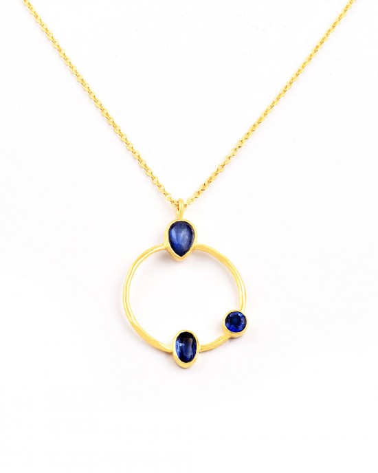 Silver, Gold Vermeil Hoop Pendant & Chain with Kyanite Stones 