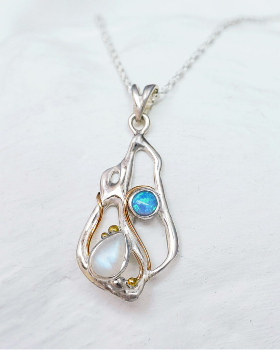 Rainbow Moonstone and Blue Opalite Silver Pendant