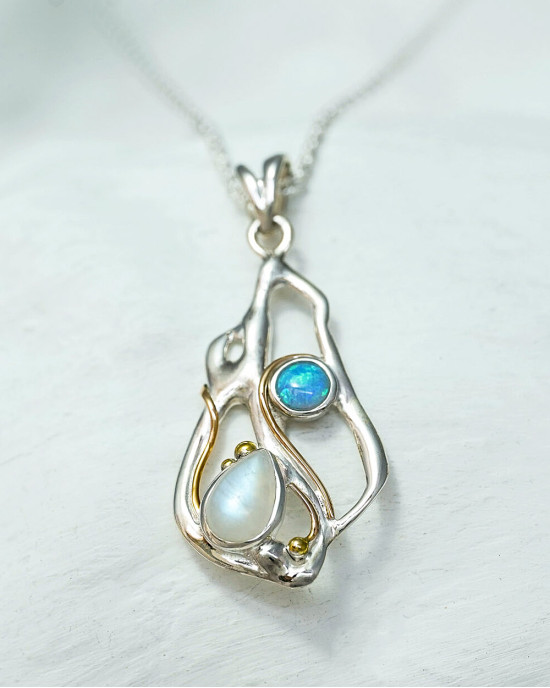 Rainbow Moonstone and Blue Opalite Silver Pendant