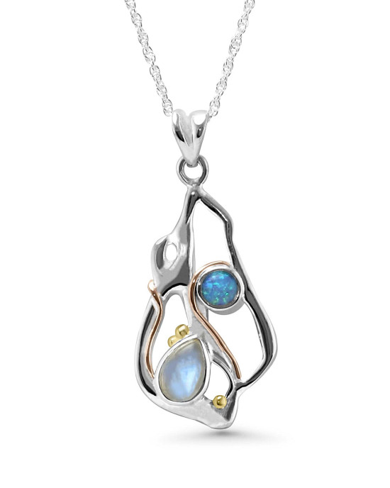 Rainbow Moonstone and Blue Opalite Silver Pendant