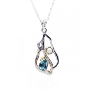 Silver Teardrop Blue Topaz & Pearl Pendant