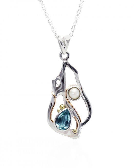 Silver Teardrop Blue Topaz & Pearl Pendant-NECKLACES & PENDANTS Silver Teardrop Blue Topaz & Pearl Pendant
