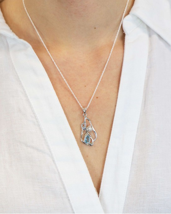 Silver Teardrop Blue Topaz & Pearl Pendant-NECKLACES & PENDANTS Silver Teardrop Blue Topaz & Pearl Pendant
