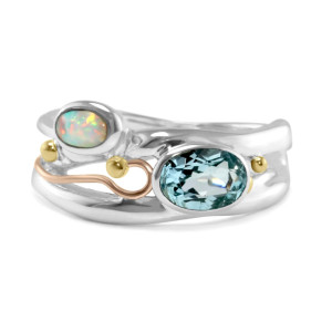 Blue Topaz Opalite Silver Ring with Goldfill Wire
