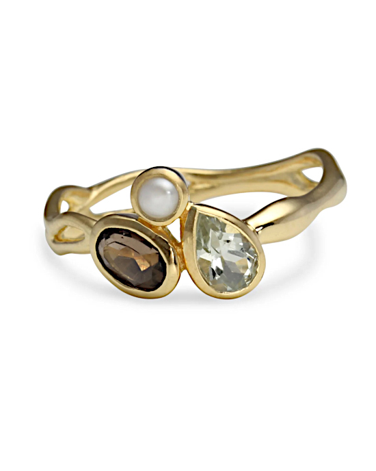Green Amethyst, Smoky Quartz, Pearl Gold Vermeil Ring