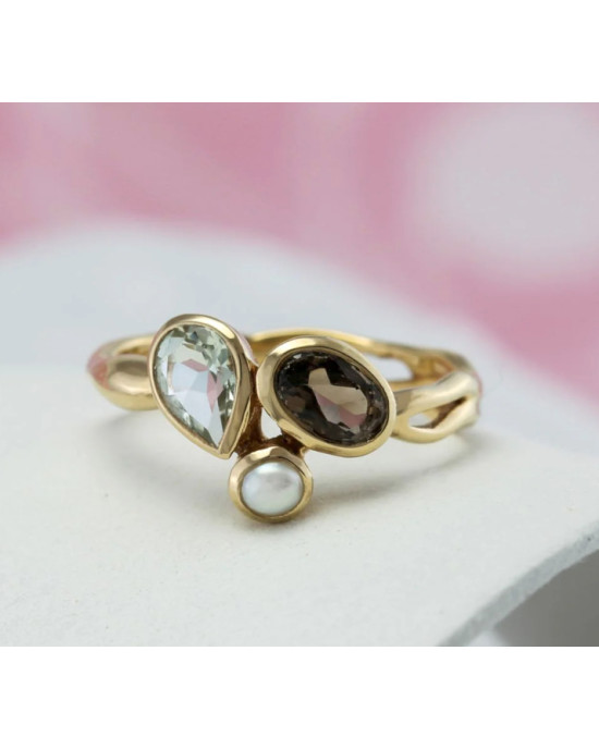Green Amethyst, Smoky Quartz, Pearl Gold Vermeil Ring