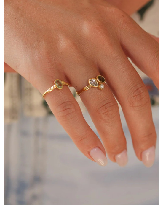 Green Amethyst, Smoky Quartz, Pearl Gold Vermeil Ring